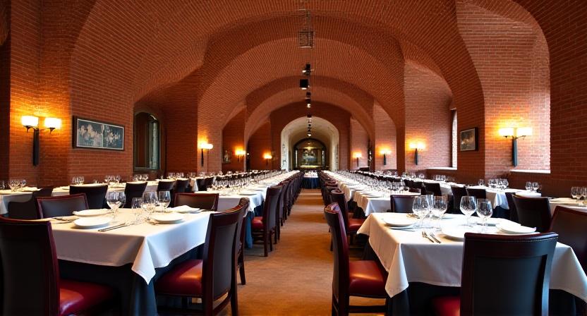 Veduta panoramica della sala da pranzo principale con archi a volta